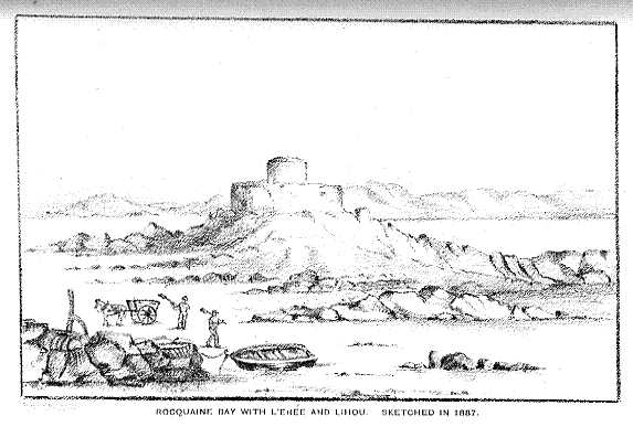 Rocquaine Bay with l'Er&eacute;e and Lihou, Sketched in 1887.