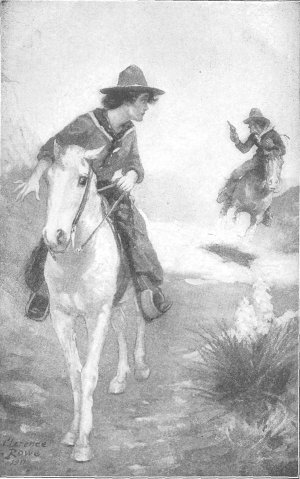 THE RIDER SLEWED IN THE SADDLE WITH HIS WHOLE ATTENTION UPON
POSSIBLE PURSUIT. Frontispiece. Page 33