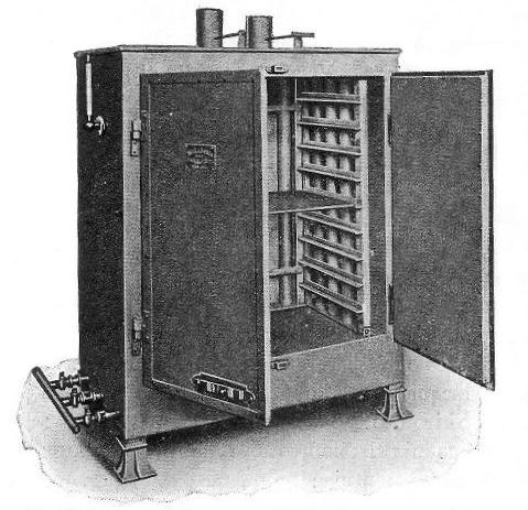 Fig. 13.&mdash;Portable Gas Heated Japanning and Enamelling
Stove fitted with Shelves, Thermometer, etc.