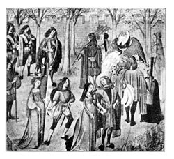 Dancing in a 'pleasure
                  garden,' end of the 15th century. French, from the 'Roman de
                  la Rose,' in the British Museum.