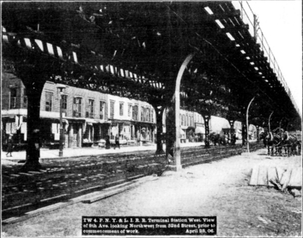 Plate XLVII, Fig. 1.&mdash; TW 4, P.N.Y. & L.I.R.R. Terminal Station West. View of 9th Ave. looking Northwest from 32nd Street, prior to commencement of work. April 23, 06.