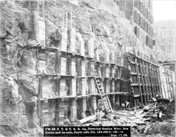 Plate LI, Fig. 1.&mdash; TW 66, P.N.Y. & L.I.R.R. Terminal Station West. Box drains and tie rods, South side, Sta. 184+80 to 185+14. Sept. 17, 08.