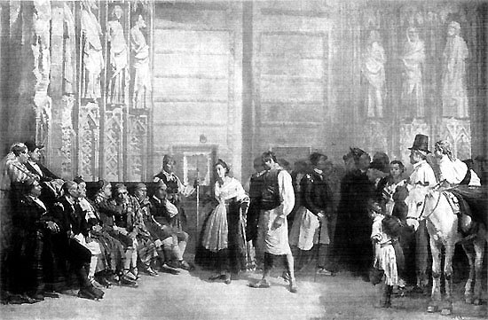 THE WATER TRIBUNAL IN VALENCIA. SHOWING VALENCIAN
COSTUMES