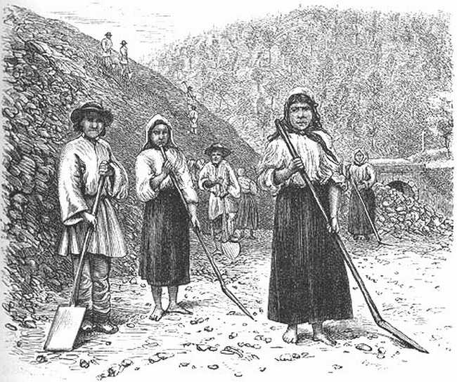 MEN AND WOMEN ROAD-MAKING.