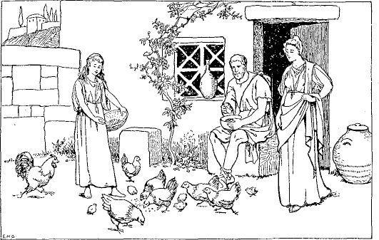 In front of a farmhouse: daughter feeding chickens, father
holding a bowl, mother standing