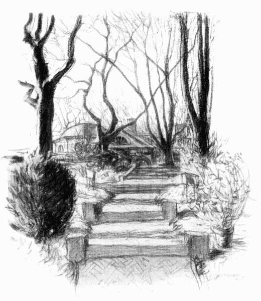 Monticello stands on a lofty hilltop, with vistas, between trees of neighboring
valleys, hills, and mountains