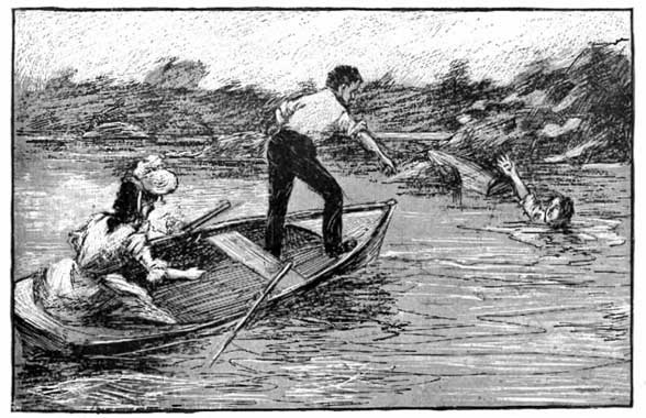 LEAPING TO THE BOW, HE
DOVE INTO THE BAY AFTER THE SINKING YOUNG MAN.--Page 92.