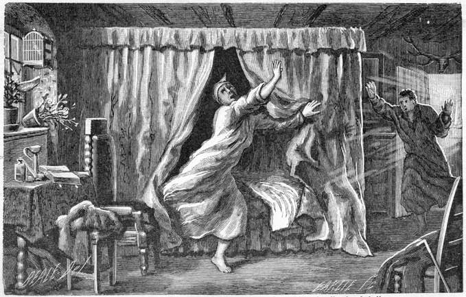 The old man jumped from his bed in affright,
calling loudly for help.