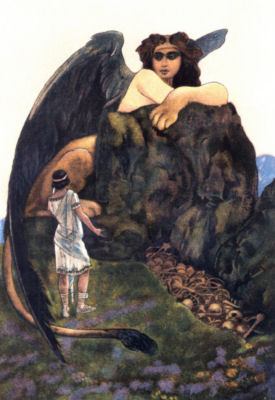 &OElig;dipus stands before the sphinx, who rests against a large
rock, in front of which is a pit containing many human bones.
