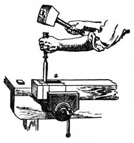 Fig. 183.&mdash;Using the Chisel and Mallet for Mortising.