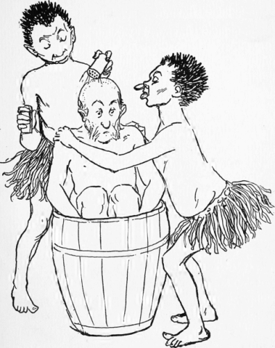 "Two Savages Floured Him
Before Putting Him To The Fire."