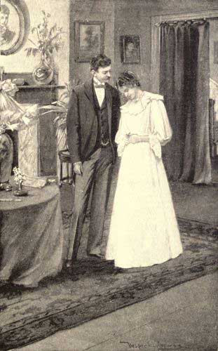 Something in the expression of the blue eyes above her
made her own eyes droop.