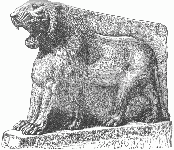 18.&mdash;STONE LION AT THE ENTRANCE OF A TEMPLE. NIMRUD.
(Perrot and Chipiez.)