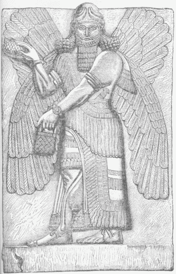 67.&mdash;FOUR-WINGED HUMAN FIGURE BEFORE THE SACRED TREE.
(Perrot and Chipiez.)