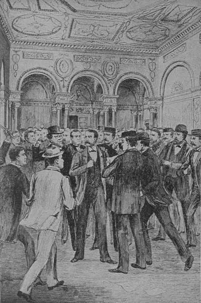 "NOYES WAS SURROUNDED BY AN ANGRY CROWD OF
OFFICIALS."&mdash;Page 236.