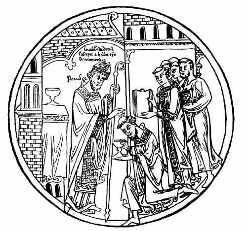 The Costume of a Bishop, showing Miter and Crosier. From
a manuscript of the twelfth century.