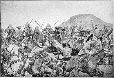THE BATTLE OF ELANDSLAAGTE&mdash;CHARGE OF THE 5th
LANCERS. Drawn by R. Caton Woodville.