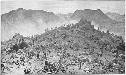 THE BATTLE OF BELMONT, 23rd November 1899&mdash;BAYONET ATTACK BY THE SCOTS AND GRENADIER GUARDS. Drawing by Frank Dodd, R.I.