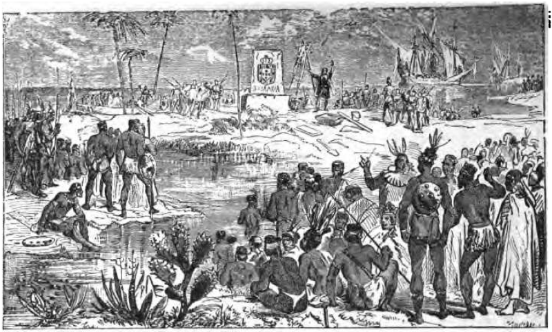 Vasco da Gama erige na costa d'Africa um padr�o com as armas de Portugal