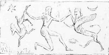 Fig. 12.&mdash;Assyrian Cylinder, in the National Library, Paris.
Serpentine.