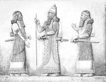 Fig. 22.&mdash;The King Sargon and his Grand Vizier. Bas-relief from Khorsabad; in the Louvre. Alabaster. Height 116 inches. Drawn by Saint-Elme Gautier.