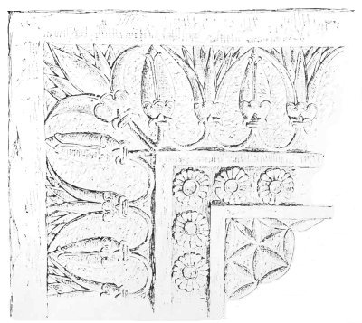 Fig. 135.&mdash;Fragment of a threshold; from Khorsabad. Louvre.
Drawn by Bourgoin.