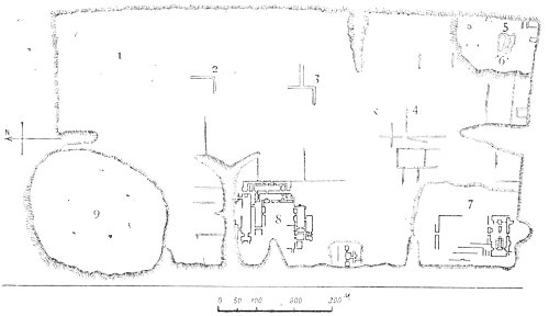 Fig. 145.&mdash;General plan of the remains at Nimroud; from Layard.
1, 2, 3 Trenches, 4 Central palace, 5 Tombs, 6 South-eastern edifice, 7
South-western palace, 8 North-western palace, 9 High pyramidal mound.