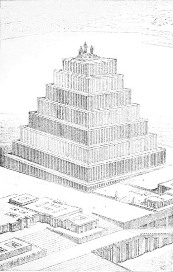Fig. 173.&mdash;Type of square, single-ramped Chald&aelig;an temple.
Compiled by Ch. Chipiez.