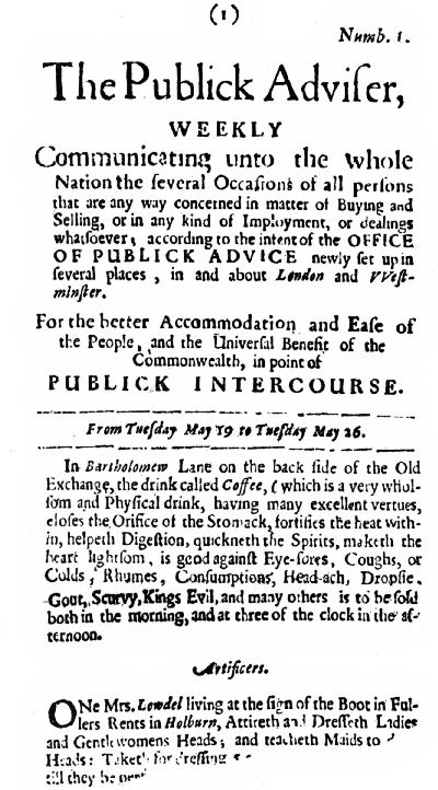 THE FIRST NEWSPAPER ADVERTISEMENT FOR COFFEE&mdash;1657