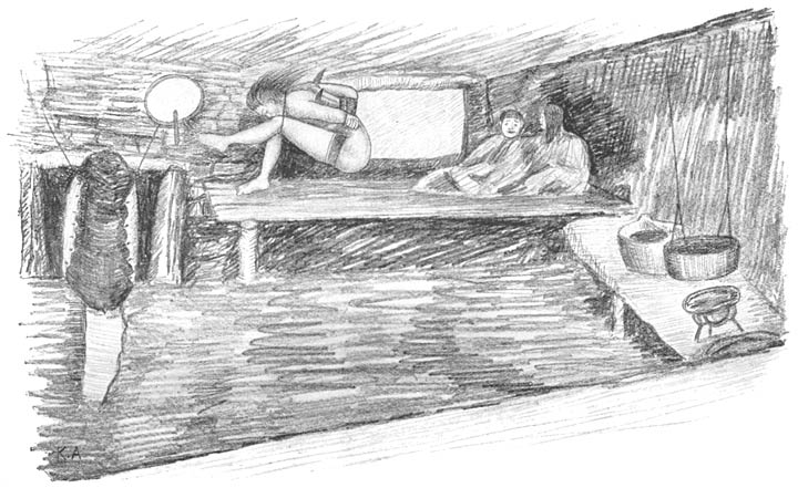 Wizard preparing for a &ldquo;spirit flight.&rdquo; He is bound head to knees and hands behind; the magic drum resting on his foot is beating itself. Bird&rsquo;s wings are fastened to his back.