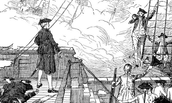 BATTLE BETWEEN THE "BON HOMME RICHARD" AND THE
"SERAPIS."&mdash;Drawn by Howard Pyle.