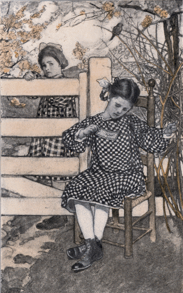 Illustration:
Girl sitting, another looking over a fence.