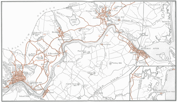 MAP OF WHITTIER-LAND

KEY:&mdash;


1. The Whittier Birthplace.
2. Joshua Coffin's School, in house now occupied by Thomas Guild.
Scene of poem "To My Old Schoolmaster."
3. Site of District School. Scene of "In School Days."
4. Job's Hill.
5. East Haverhill Church.
6. Cemetery referred to in "The Old Burying Ground."
7. The Sycamores.
8. Ramoth Hill.
9. Hunting Hill.
10. Grave of the Countess.
11. Country Bridge.
12. Site of Thomas Whittier's Log House.
13. Birchy Meadow, where Whittier taught school.
14. Home of Sarah Greenleaf.
15. Home of Dr. Elias Weld and of the Countess, Rocks Village.
16. "Old Garrison," the Peaslee House.
17. Rocks Bridge.
18. Curson's Mill, Artichoke River.
19. Pleasant Valley.
20. The Laurels.
21. Site of "Goody" Martin's House.
22. Whittier Burial Lot, Union Cemetery.
23. Macy House.
24. The Captain's Well.
25. Friends' Meeting-House, Amesbury.
26. Whittier Home, Amesbury.
27. Hawkswood.
28. Deer Island, Chain Bridge, home of Mrs. Spofford.
29. Rocky Hill Church.
30. The Fountain, Mundy Hill.
31. House at Hampton Falls, where Whittier died.
32. Scene of "The Wreck of Rivermouth."
33. Boar's Head.


