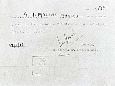 MY OFFICIAL PASS TO THE FRONT LINE TO FILM THE BATTLE OF THE
SOMME, JULY 1ST, 1916