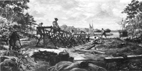 Shipbuilding, known to have been carried on at Jamestown
as early as 1609, may have been done in this manner. A painting by
Sidney King for Colonial National Historical Park.