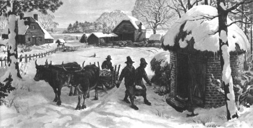 A winter scene suggestive of life on Jamestown Island
about 1625. From a painting by Sidney King for Colonial National
Historical Park.