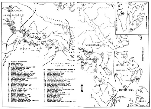 Towns, Plantations, Settlements and Communities in
Virginia: 1607-1624. (The sites of Richmond, Williamsburg and Norfolk
are shown but the cities did not exist at the time.)