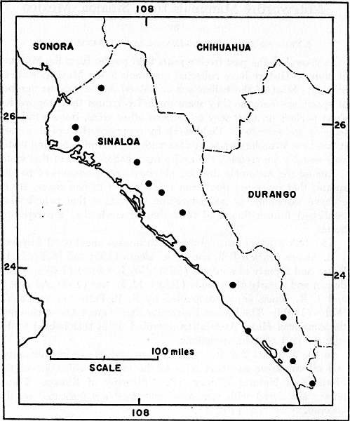 Fig. 1. Map of Sinaloa on which are plotted symbols representing placenames
mentioned in text.