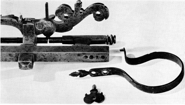Figure 6.&mdash;Work spindle and its nut removed from the
machine to illustrate how easily another spindle and nut of different
pitch could be substituted. (Smithsonian photo 46525C.)