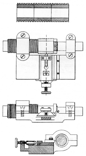 Figure 19.&mdash;Vander Woerd&rsquo;s patent, seen here, covered the
combination of a master screw, toolslide and work in a rigid frame to be
supported and driven by outside means of no required precision. U.S.
patent 293930 dated February 1884.