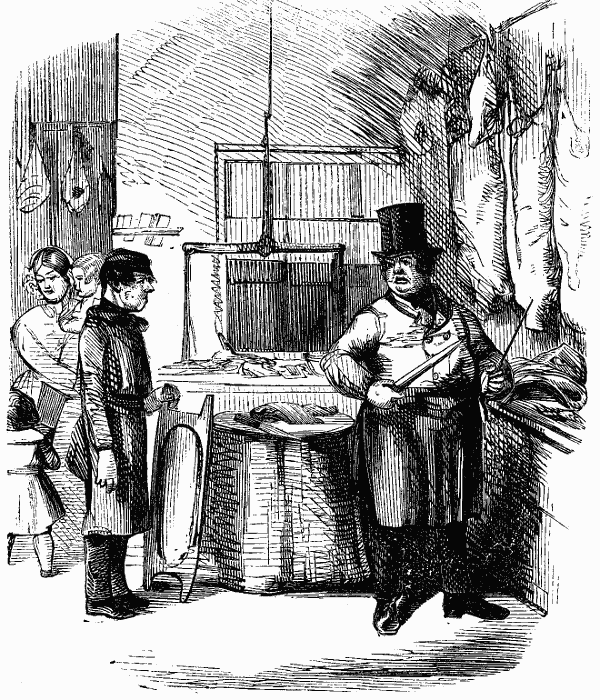 A Horrible Business. Master Butcher.—“Did you take Old Major Dumblebore's Ribs to No. 12?” Boy.—“Yes, Sir.” Master Butcher.—“Then, cut Miss Wiggle's Shoulder and Neck, and hang Mr. Foodle's Legs till they're quite tender.” Illustration.