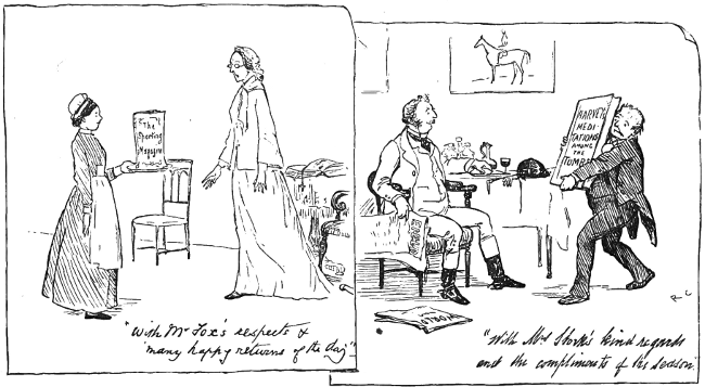 Frame 1: A religious woman is presented a sporting magazine from 'Mr. Fox'. The caption says: &ldquo;With Mr Fox's respects & many happy returns of the day&rdquo; Frame 2: A hunter is presented a religious text from 'Mrs. Stork'. The caption says: &ldquo;With Mrs Stork's kind regards and the compliments of the season&rdquo;