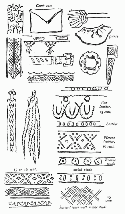 Comb case&mdash;purse&mdash;Cut leather. 15 cent.&mdash;Pierced leather, 16 cent.&mdash;Bronze studs 15 or 16 cent.&mdash;Incised lines with metal studs 15 cent.