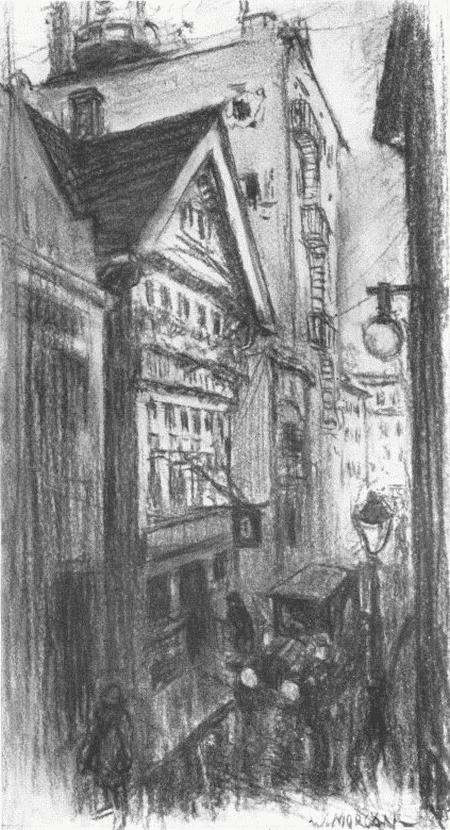 It is an
Elizabethan building, with a heavy timbered
front, suggesting some ancient, hospitable, London coffee
house where wits of old were used to meet