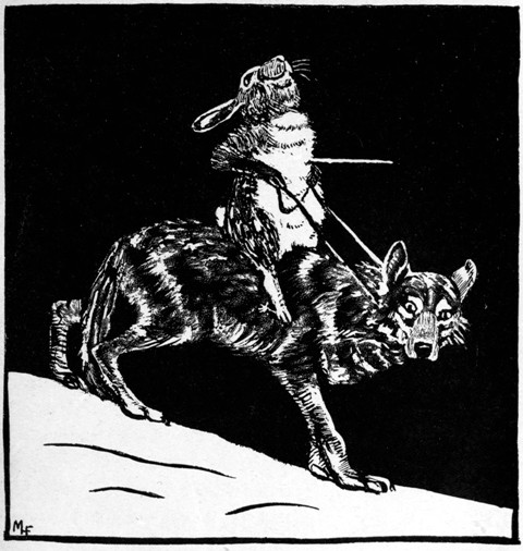 WOLF TROTTED ALONG LIKE A LITTLE HORSE, AND RABBIT
LAUGHING TO HIMSELF SITTING IN THE SADDLE