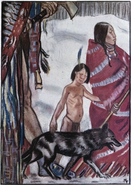 THE GIANT FROWNING ANGRILY, THE WOMAN CARRYING THE
STICK AND THE BOY LEADING THE DOG