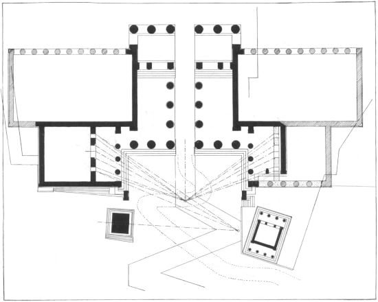Figure 4

Plan of the Propylaea showing the zigzag road, the conjectured road (in
dotted lines), and the original form of the S.W. wing