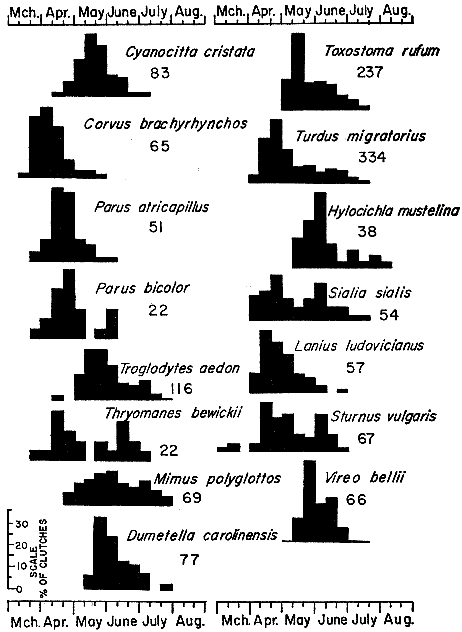 Fig 7.&mdash;Histograms representing breeding schedules of crows, chickadees, wrens, thrashers, thrushes, and their allies