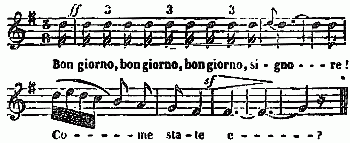 notation musicale

Bon giorno, bon giorno, bon giorno, si - gno - - - re!
Co - - - - - me sta - te e - - - - - - ?