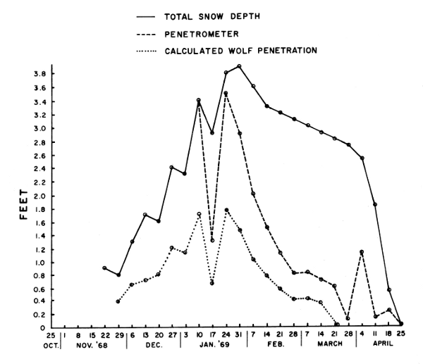 Figure 3.&mdash;Snow depth and penetrability by deer
and wolves near Isabella, Minnesota, 1968-69.